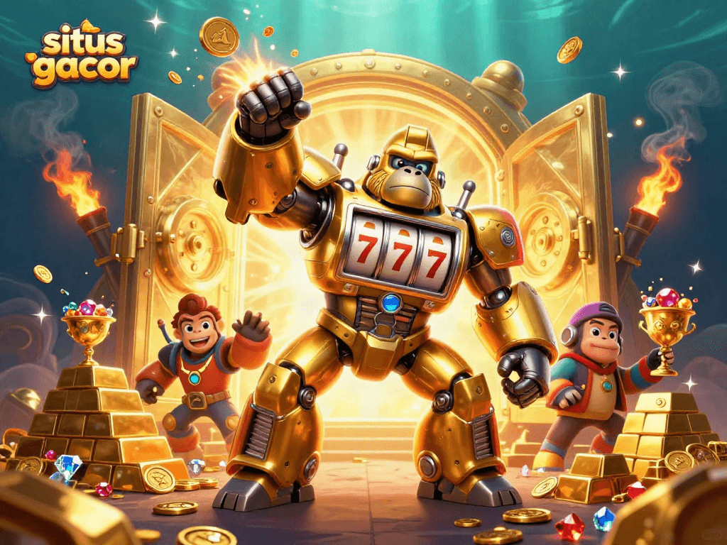 Experience the excitement of situs gacor with a dynamic casino scene featuring a golden gorilla mech!