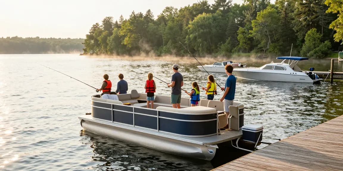 Pontoon boats for sale at a lakeside marina, family preparing for a day of fishing on Kawagama Lake.