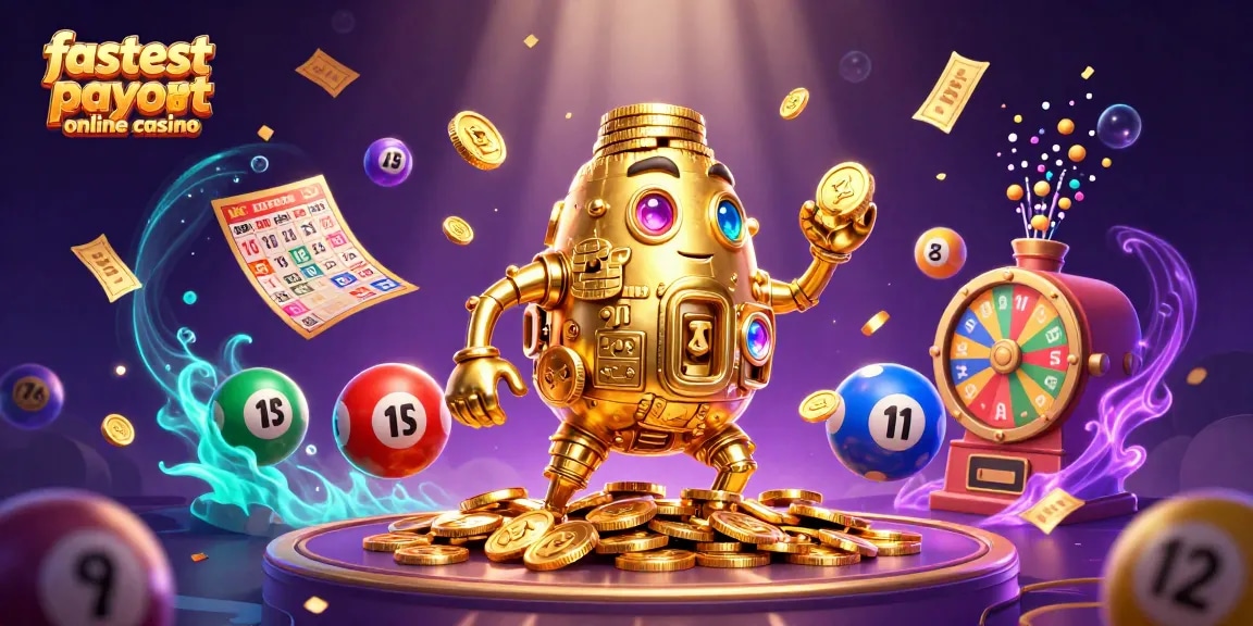 Experience the fastest payout online casino action with an ancient golden golem amidst vibrant gaming elements.