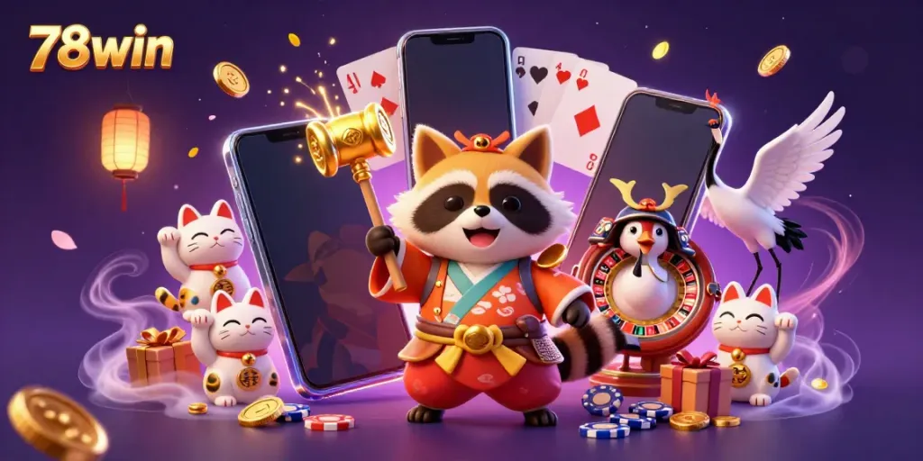 Experience the vibrant casino world of 78win, featuring a joyful tanuki and maneki-neko in a rich 3D illustration.