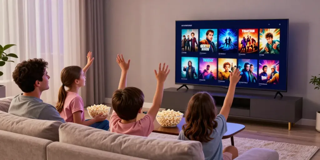 Family enjoying movie night streaming on smart TV with download moviebox options.