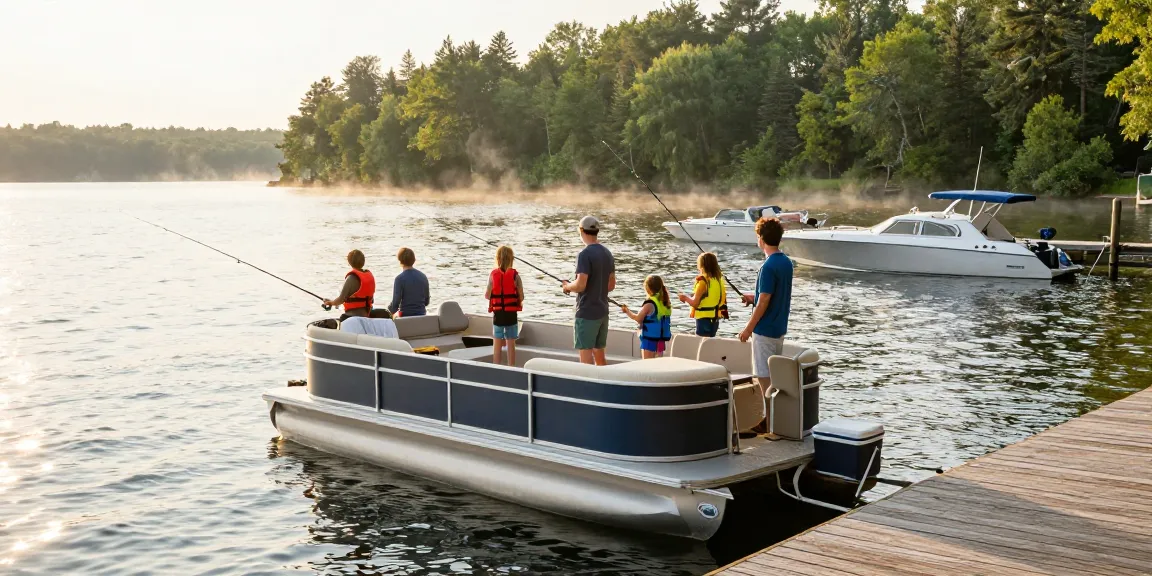 Pontoon boats for sale at a lakeside marina, family preparing for a day of fishing on Kawagama Lake.