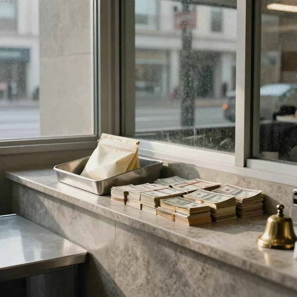Toronto currency exchange counter with cash bundles, transfer pouch and brass bell by rainy window.