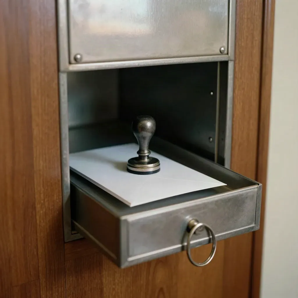 Open secure deposit box with transfer envelope, stamp head, and key ring