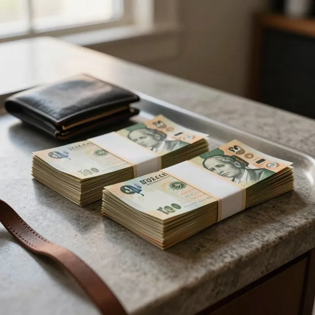 Stacks of U.S. and Canadian cash beside a metal tray and travel wallet on a stone counter