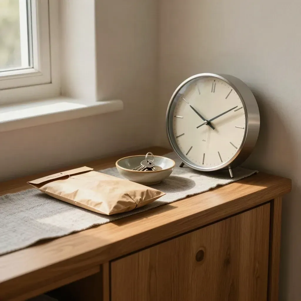 Tidy entry console with remittance pouch, ceramic bowl and small wall clock in warm afternoon light.