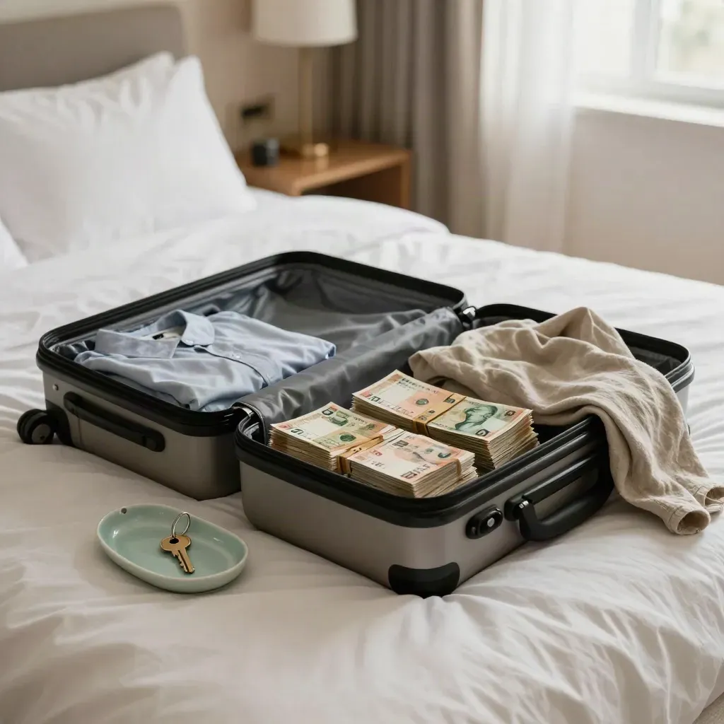 Travel pouch with Canadian cash bundles, keys in a dish, and an unpacked suitcase in morning hotel light.