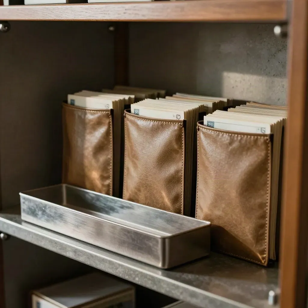 Three transfer pouches and a cash tray on a back-office shelf under dramatic light.