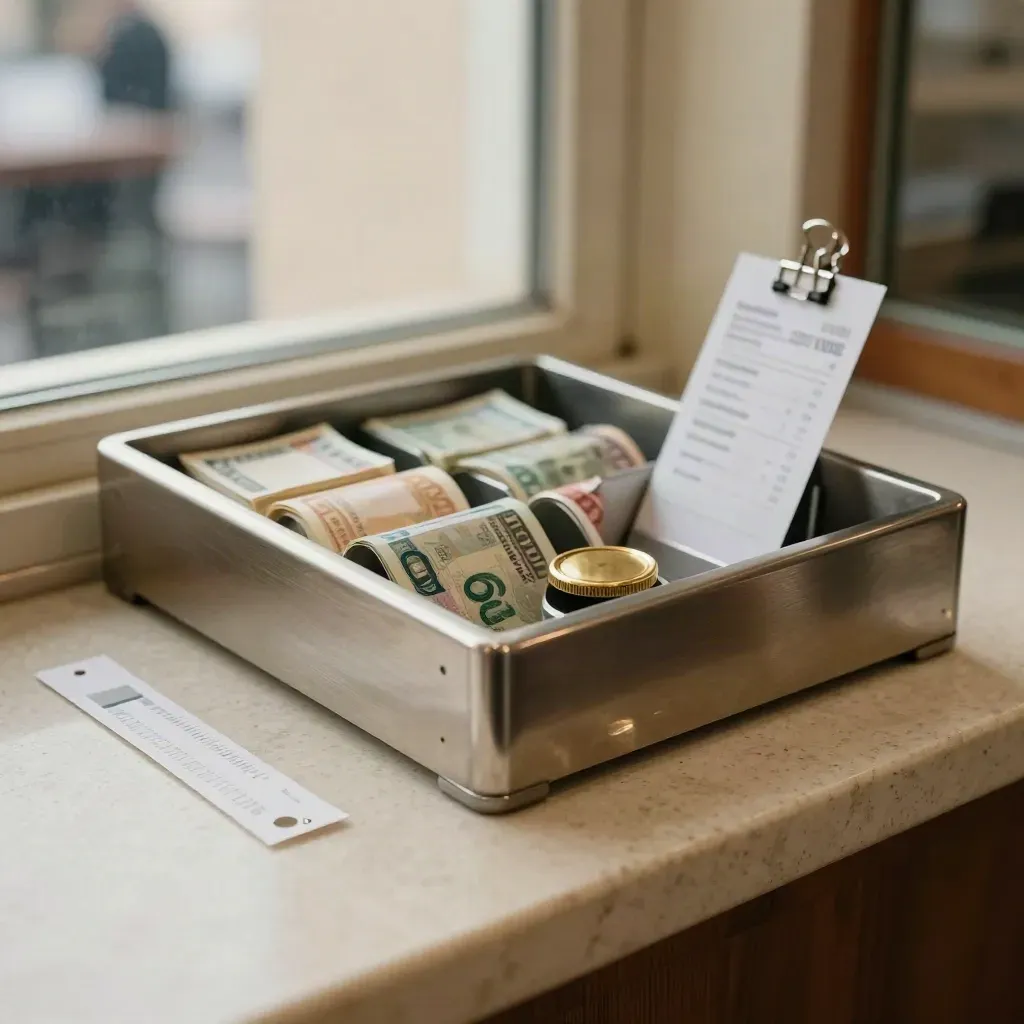 Currency tray, brass token, and quote clip on travertine, lit for a pricing call.