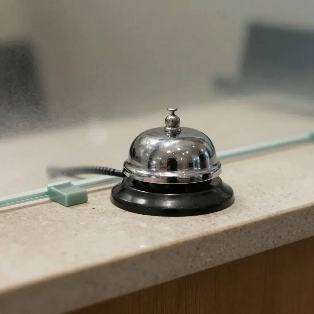 Desk bell, handset cradle and frosted screen edge on a calm currency exchange counter.