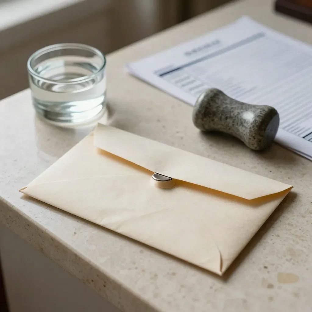 Two sealed cash envelopes, a clip, a paperweight and soft card on a pale travertine surface.