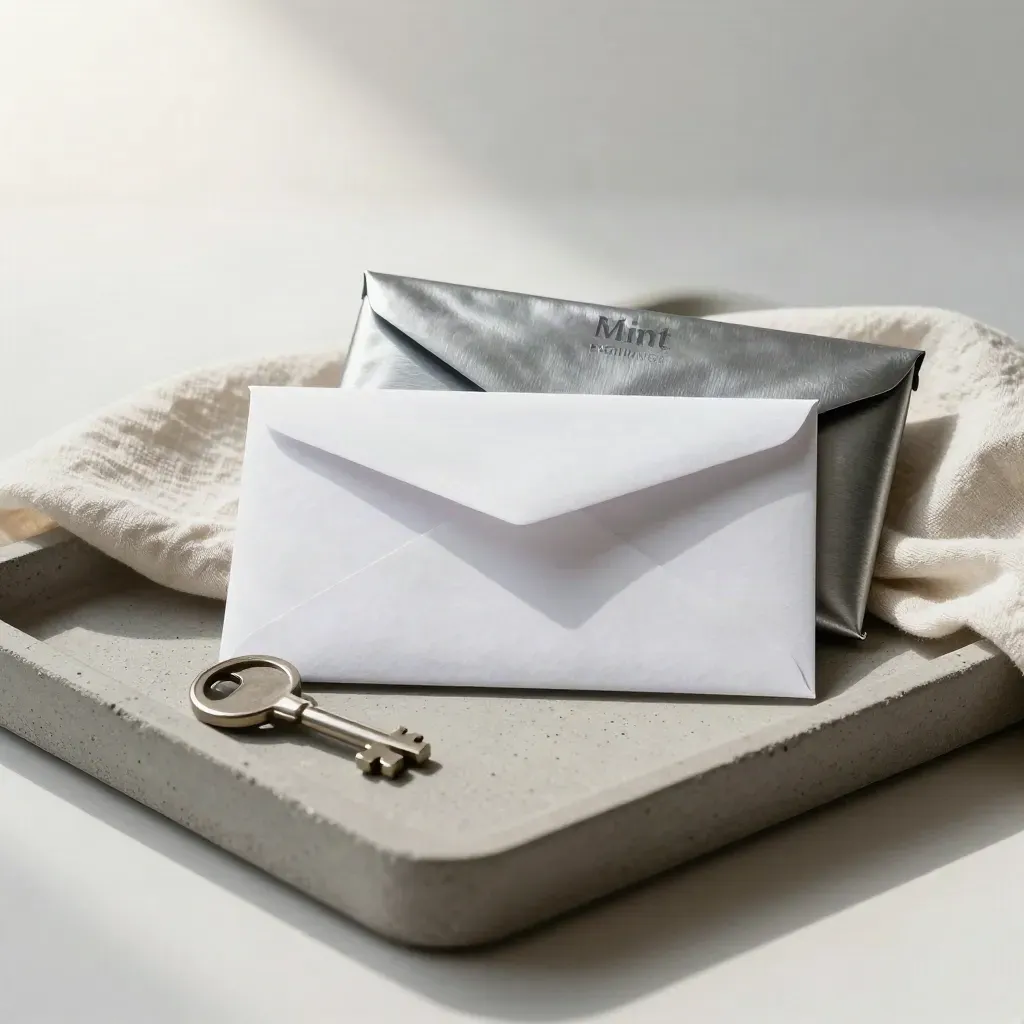 Cash envelope, transfer pouch, and key tray on pale stone under soft side light.