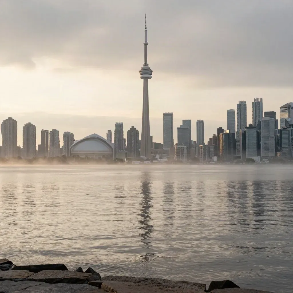 Toronto skyline with CN Tower above a pale hazy lake at sunrise.