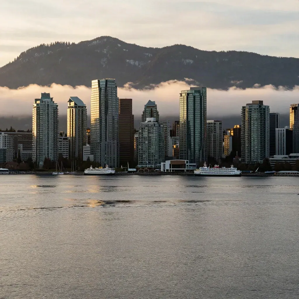 Vancouver Harbour skyline and North Shore mountains glowing above calm misty water.
