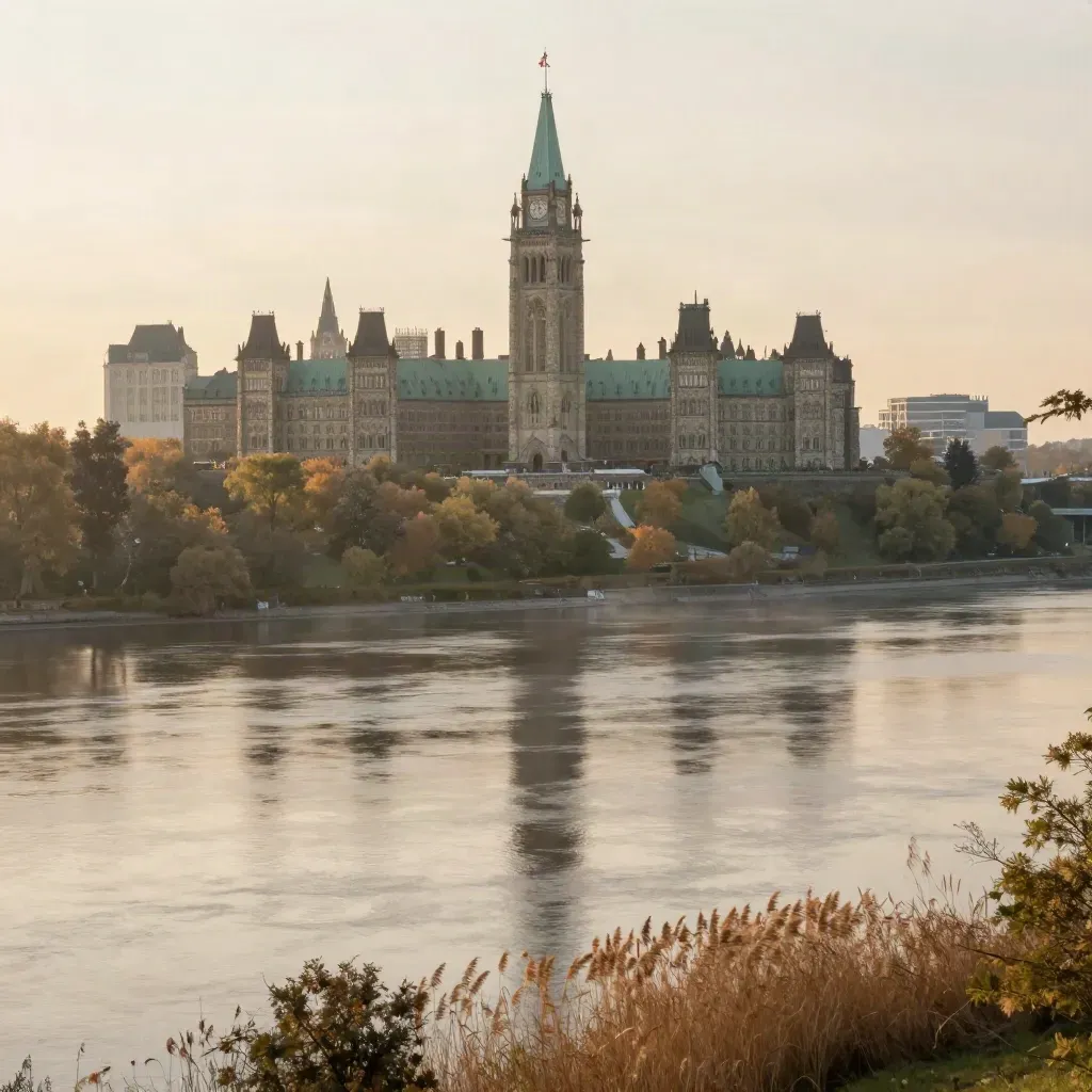 Ottawa Parliament Hill above a hazy river bend with autumn trees at golden hour