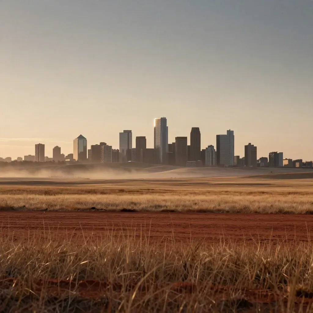 Alberta prairie with Calgary skyline at sunset, wide hazy horizon and calm open ground for copy.