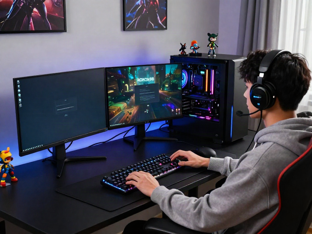 Gamer engaged with rokok88 login on dual monitors in a vibrant gaming setup.