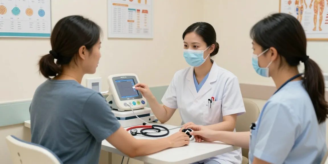 Healthcare professional using a medical oximeter to monitor patient health in a warm clinic setting