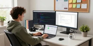 Developer at modern workspace showcasing WPS Official Website productivity tools.